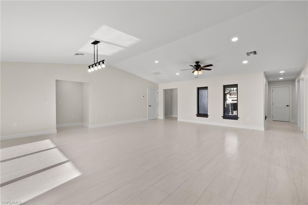 Empty room, Interior, Pendant Lights, Recessed Lighting, Wood Texture Flooring