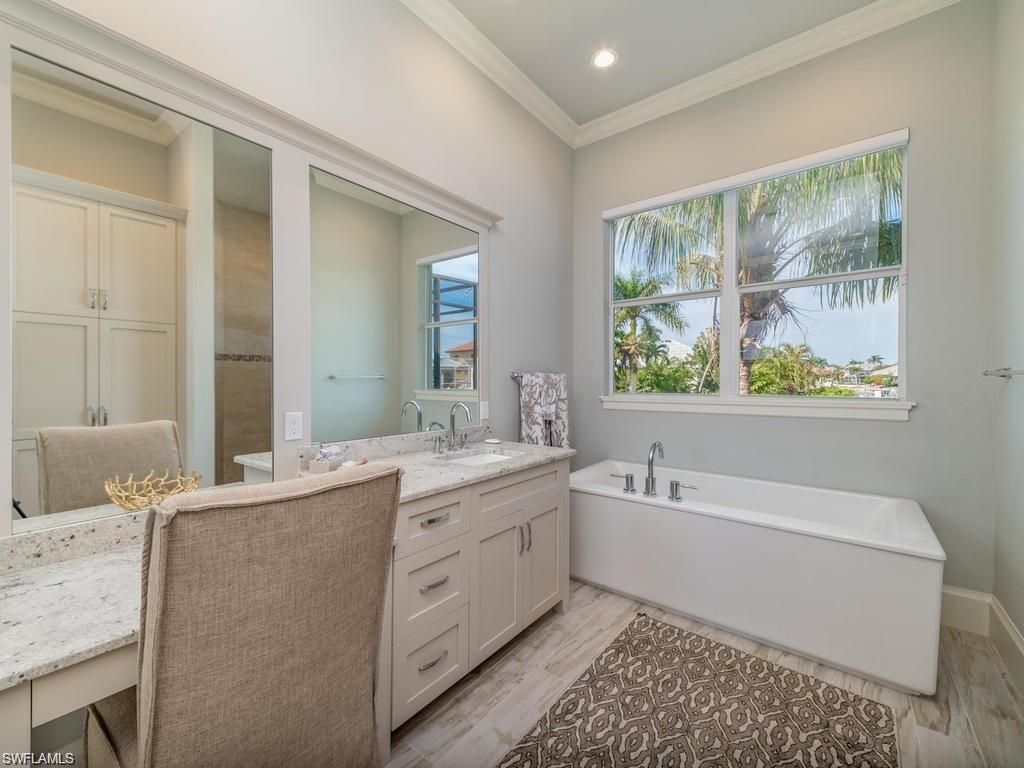 Bathroom, Dual Sink Vanities, Interior, Recessed Lighting, Wood Texture Flooring