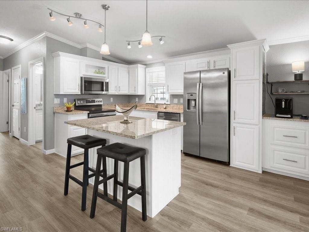 Interior, Kitchen, Pendant Lights, Recessed Lighting, Stainless Steel Appliances, Wood Texture Flooring