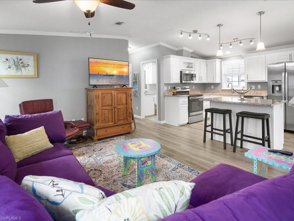 Interior, Kitchen, Living room, Pendant Lights, Stainless Steel Appliances, Wood Texture Flooring