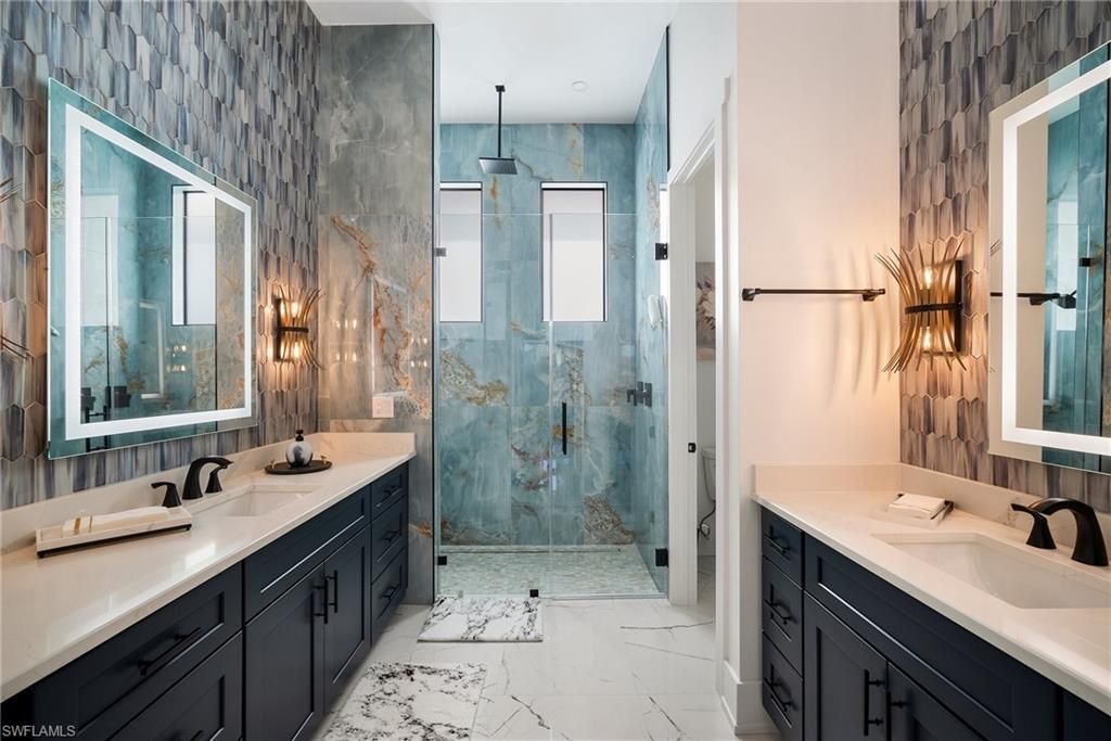 Bathroom, Dual Sink Vanities, Glass Shower, Interior, Marble