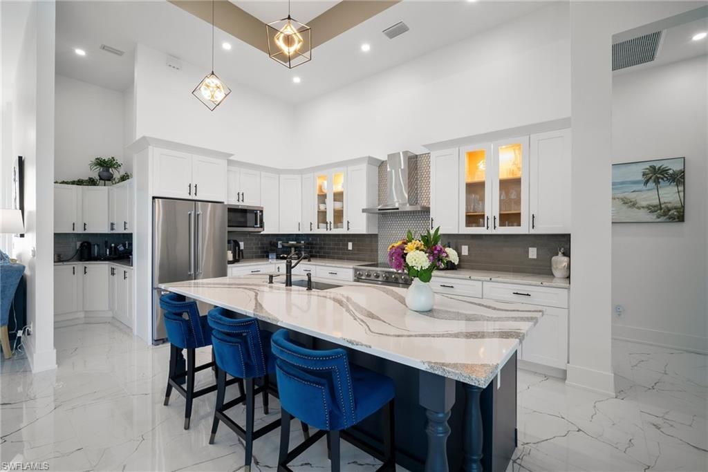 Interior, Kitchen, Marble, Pendant Lights, Recessed Lighting, Stainless Steel Appliances