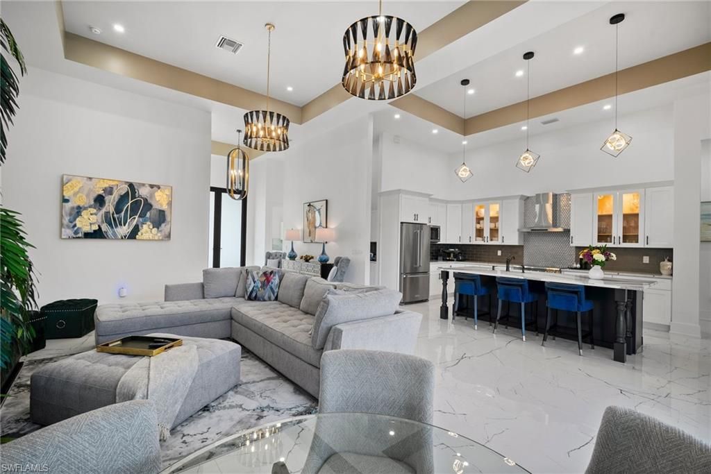 Interior, Kitchen, Living room, Marble, Pendant Lights, Recessed Lighting, Stainless Steel Appliances
