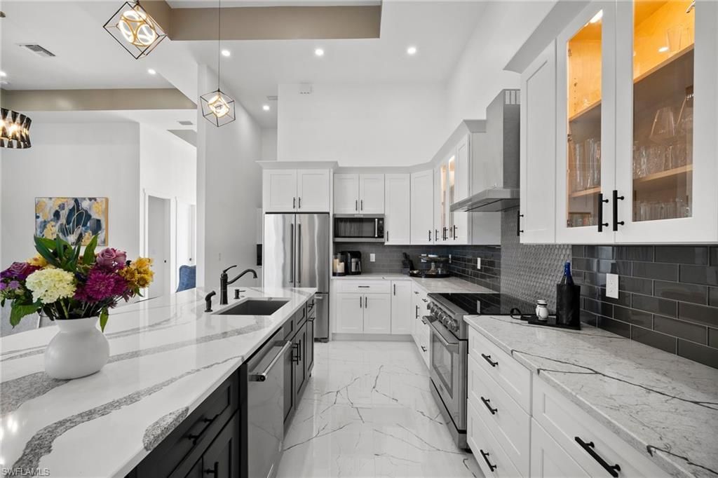 Interior, Kitchen, Marble, Pendant Lights, Recessed Lighting, Stainless Steel Appliances