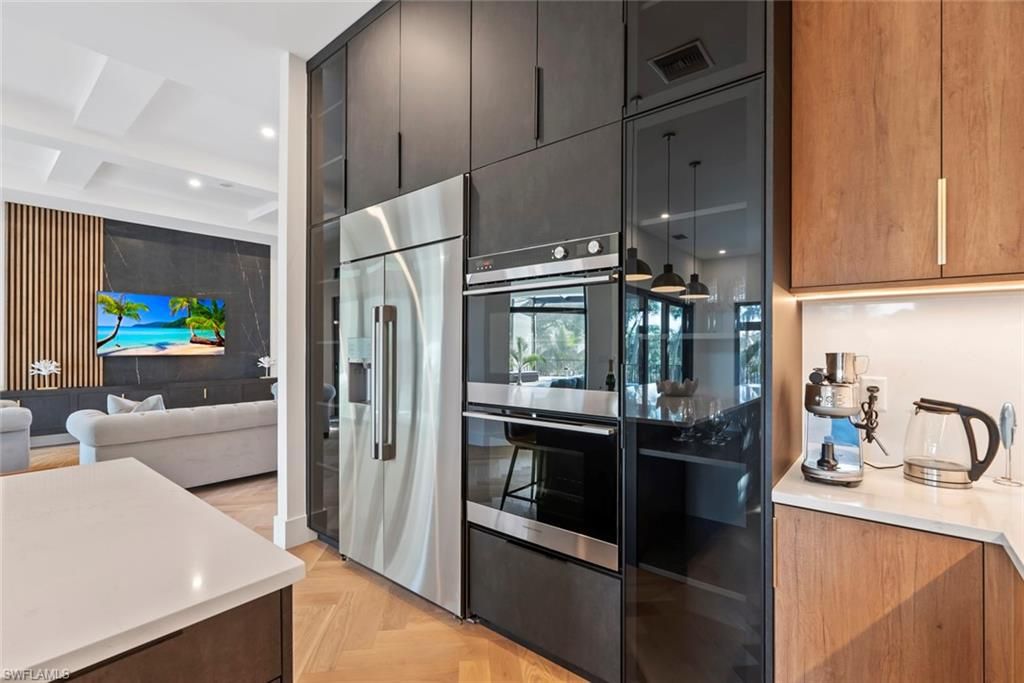 Interior, Kitchen, Living room, Recessed Lighting, Stainless Steel Appliances, Wood Texture Flooring