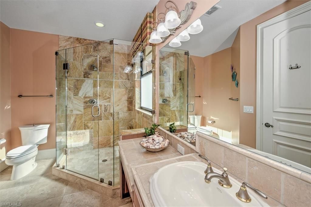 Bathroom, Glass Shower, Interior, Recessed Lighting, Tile Countertops