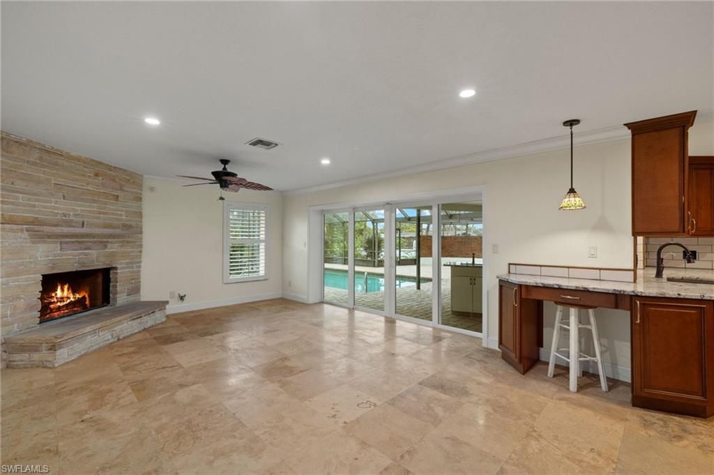 Fireplace, Interior, Kitchen, Pendant Lights, Recessed Lighting, Stone Walls