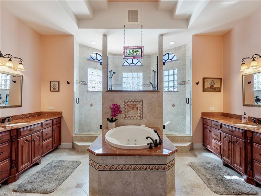 Bathroom, Dual Sink Vanities, Glass Shower, Interior, Pendant Lights, Recessed Lighting