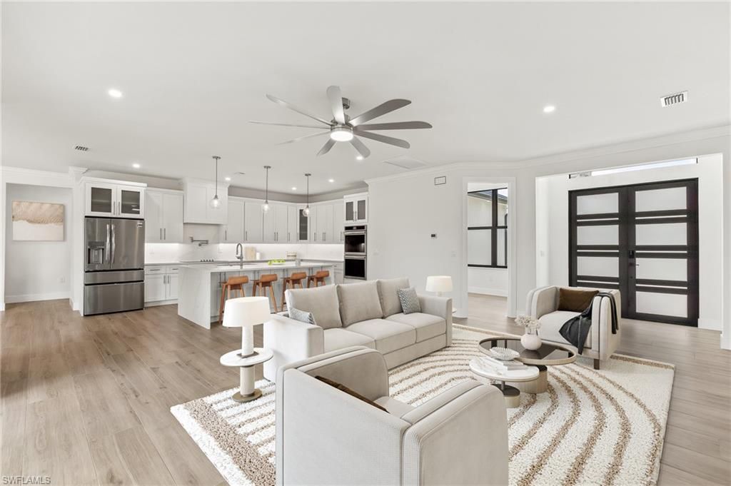 Interior, Kitchen, Living room, Pendant Lights, Recessed Lighting, Stainless Steel Appliances, Wood Texture Flooring