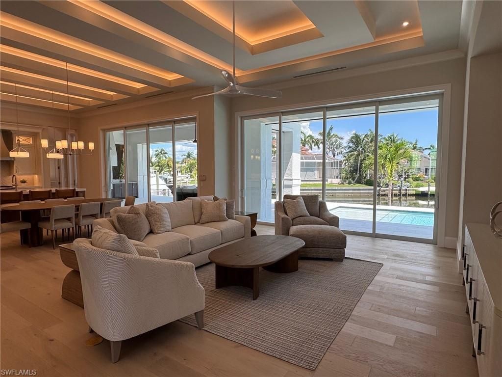 Dining room, Interior, Living room, Pendant Lights, Recessed Lighting, Wood Texture Flooring