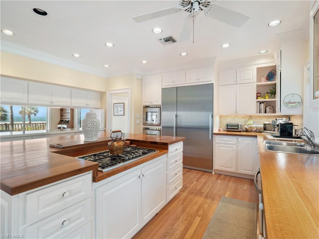 Interior, Kitchen, Recessed Lighting, Stainless Steel Appliances, Water, Wood Texture Flooring