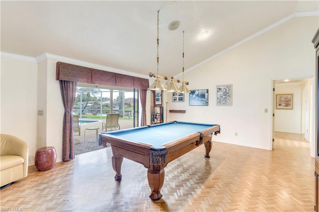 Billiard Table, Chandelier, Game Room, Interior, Pendant Lights, Wood Texture Flooring