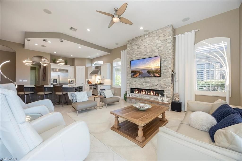 Fireplace, Interior, Kitchen, Living room, Pendant Lights, Recessed Lighting, Stone Walls