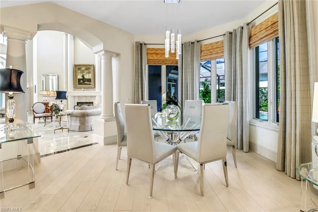 Dining room, Fireplace, Interior, Pendant Lights, Wood Texture Flooring