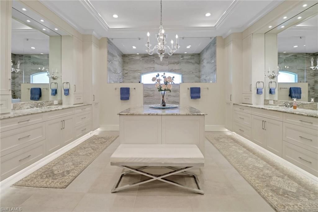 Bathroom, Chandelier, Dual Sink Vanities, Interior, Recessed Lighting