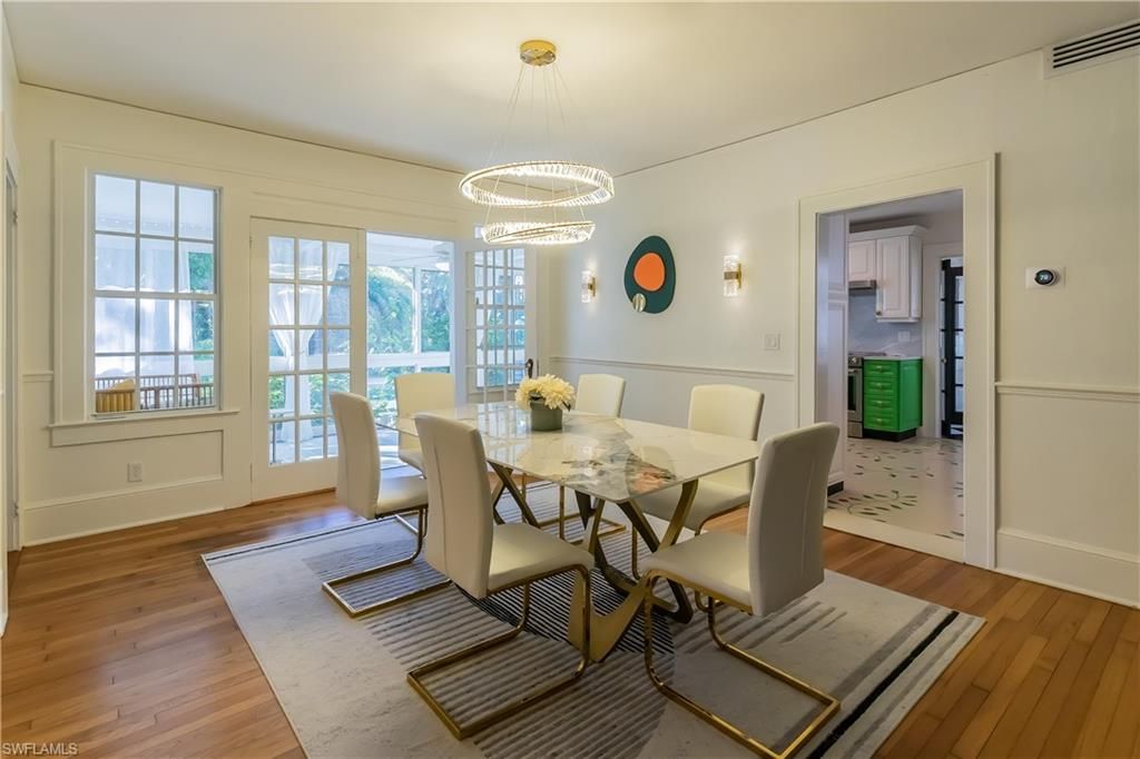 Dining room, Interior, Pendant Lights, Wood Texture Flooring