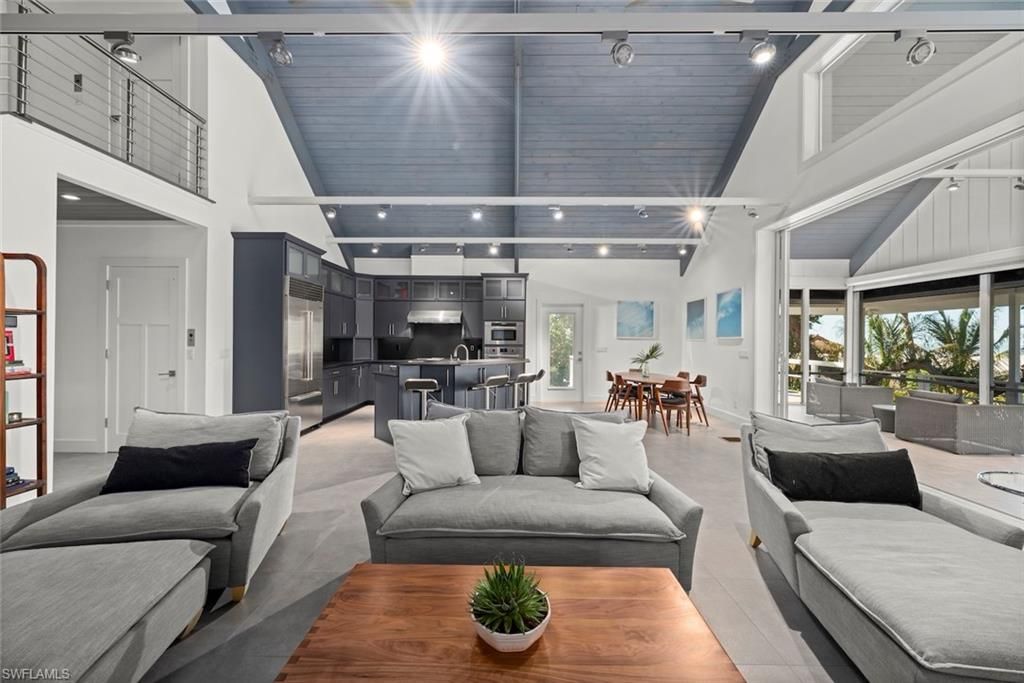 Dining room, Interior, Kitchen, Living room, Recessed Lighting, Stainless Steel Appliances, Wood Texture Flooring