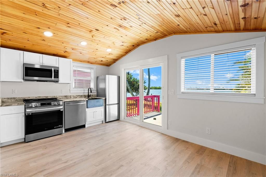 Interior, Kitchen, Recessed Lighting, Stainless Steel Appliances, Wooden Ceilings, Wood Texture Flooring