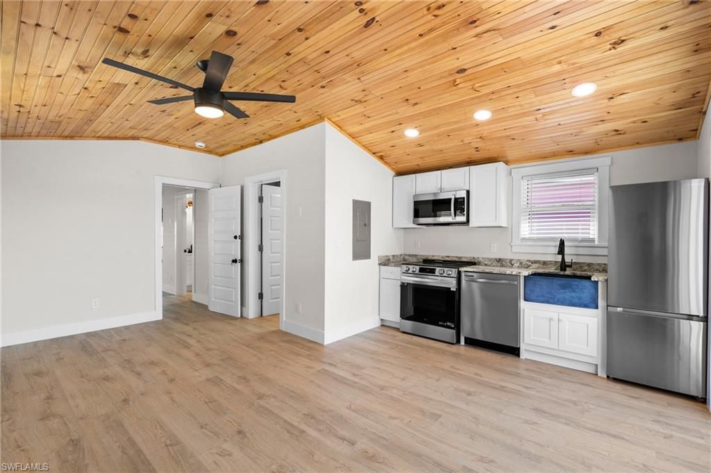 Interior, Kitchen, Recessed Lighting, Stainless Steel Appliances, Wooden Ceilings, Wood Texture Flooring