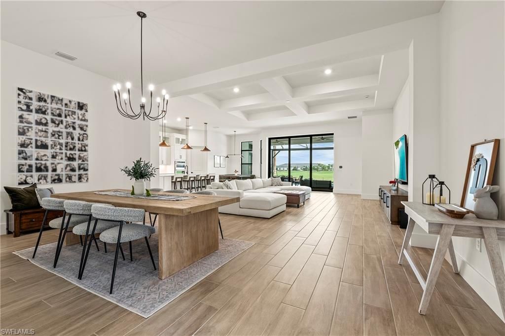 Dining room, Interior, Living room, Pendant Lights, Recessed Lighting, Wood Texture Flooring