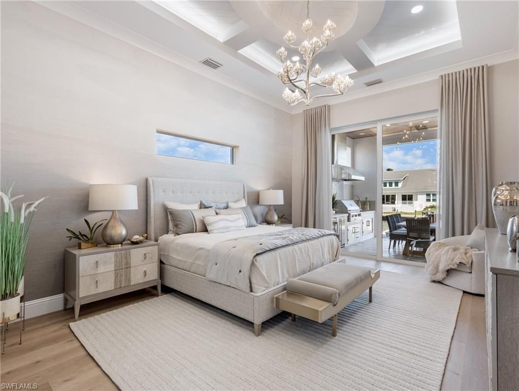 Bedroom, Chandelier, Interior, Pendant Lights, Recessed Lighting, Wood Texture Flooring