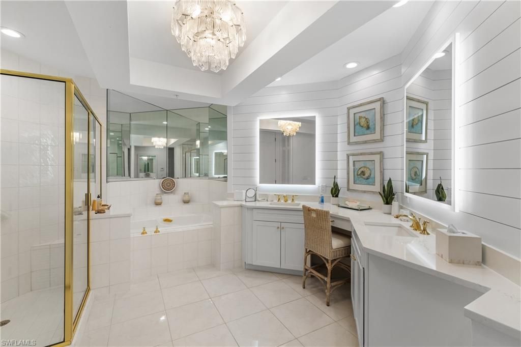 Bathroom, Chandelier, Dual Sink Vanities, Glass Shower, Interior, Recessed Lighting