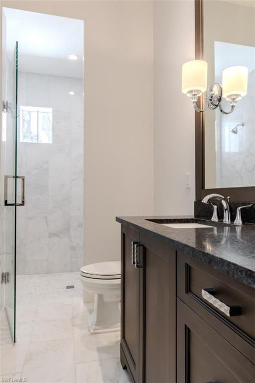 Bathroom, Glass Shower, Interior, Marble, Marble Walls, Recessed Lighting