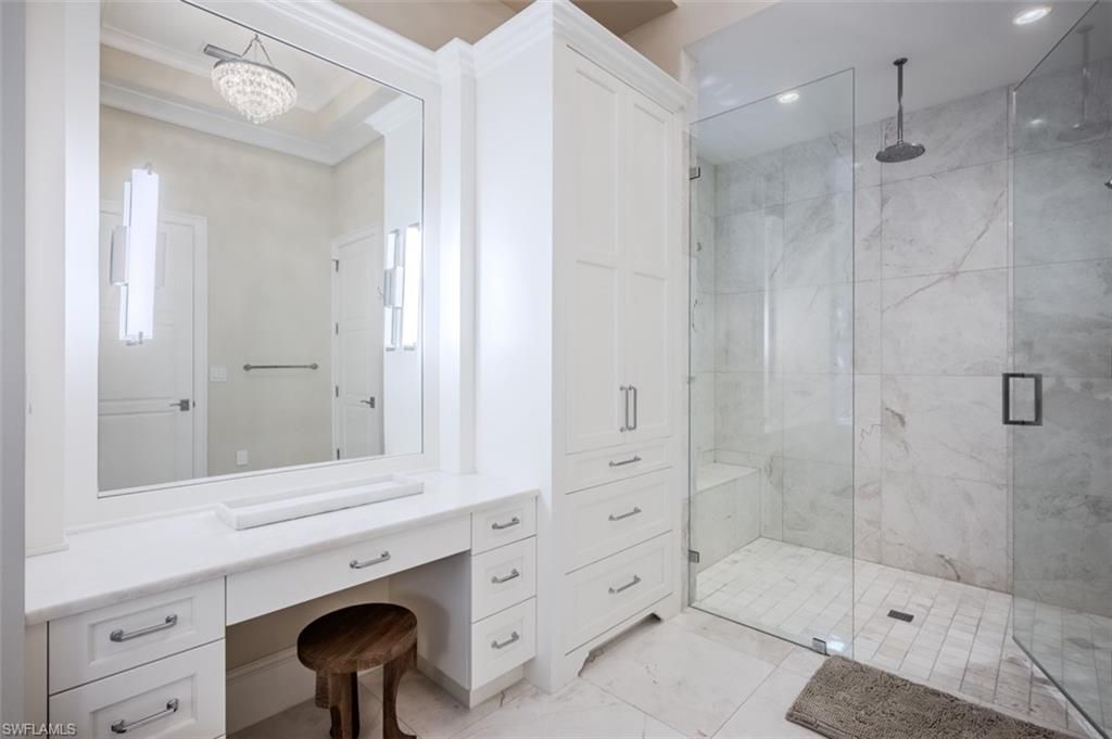 Bathroom, Chandelier, Glass Shower, Interior, Marble Walls, Recessed Lighting