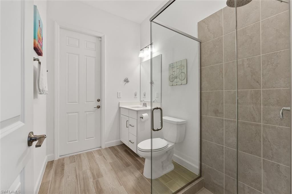 Bathroom, Glass Shower, Interior, Wood Texture Flooring