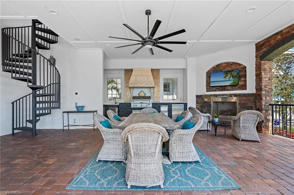 Dining room, Exterior, Fireplace, Interior, Recessed Lighting, Stone Walls