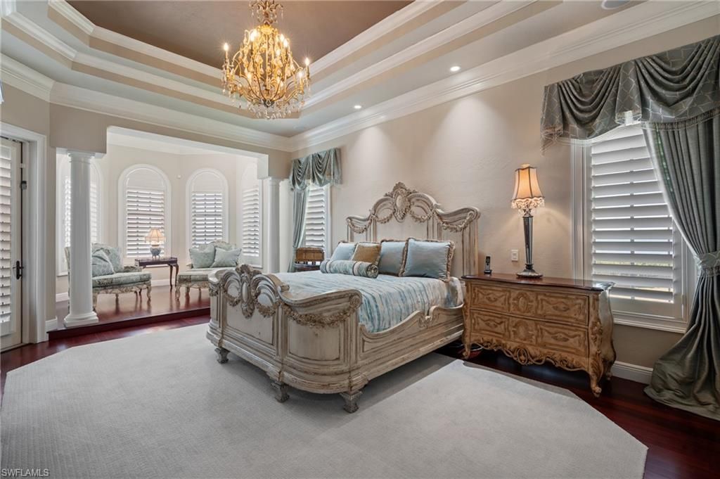 Bedroom, Chandelier, Interior, Recessed Lighting, Wood Texture Flooring