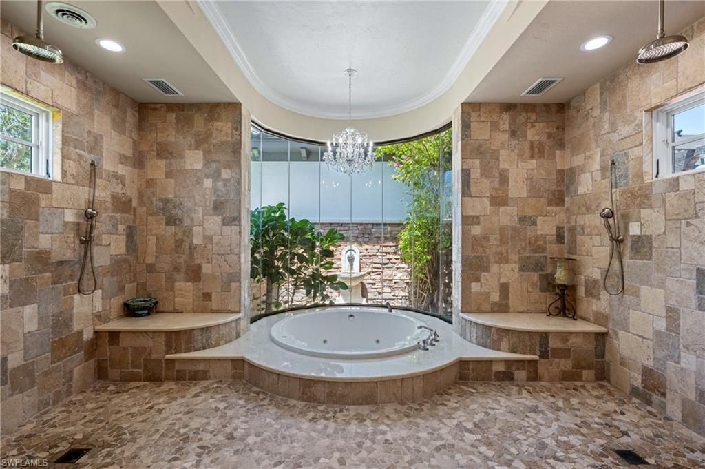 Bathroom, Chandelier, Interior, Pendant Lights, Recessed Lighting, Stone Walls