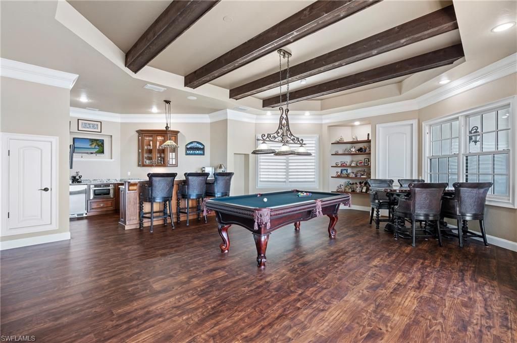 Billiard Table, Game Room, Interior, Pendant Lights, Recessed Lighting, Wooden Beams, Wood Texture Flooring