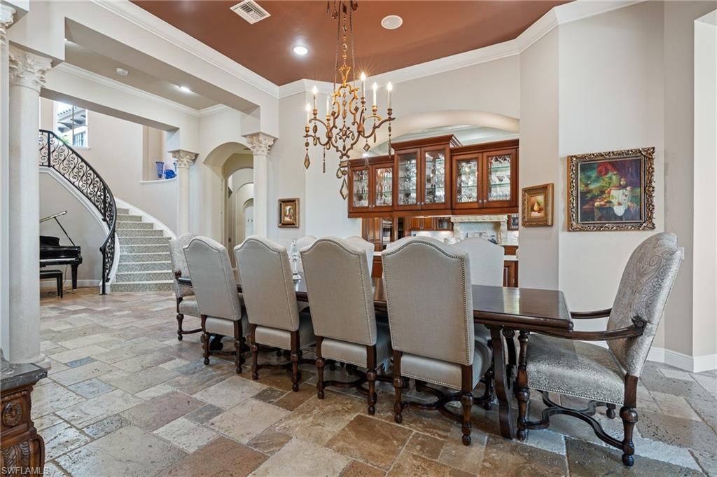 Chandelier, Dining room, Interior, Piano, Recessed Lighting