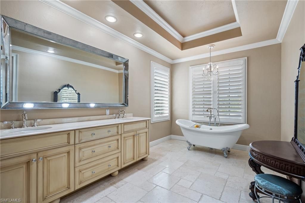 Bathroom, Chandelier, Dual Sink Vanities, Free Standing Baths, Interior, Recessed Lighting