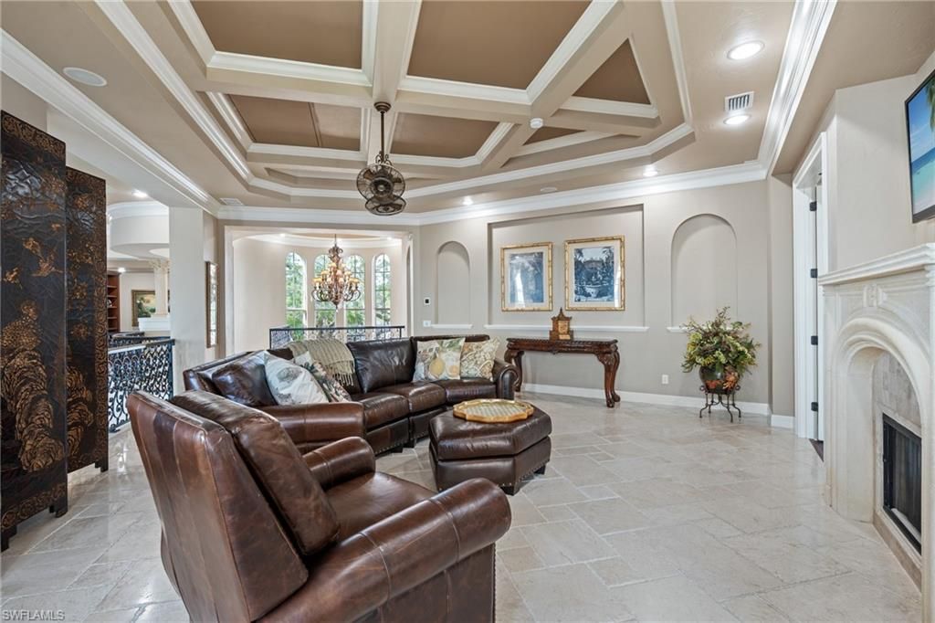 Chandelier, Fireplace, Interior, Living room, Recessed Lighting