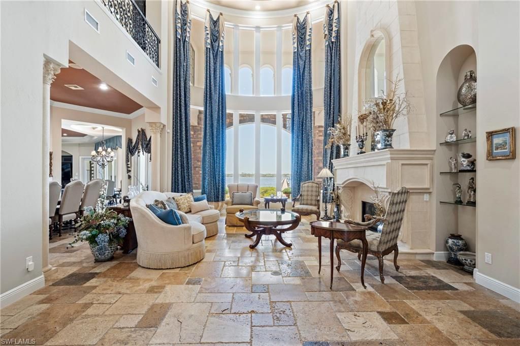 Chandelier, Dining room, Fireplace, Interior, Living room, Recessed Lighting