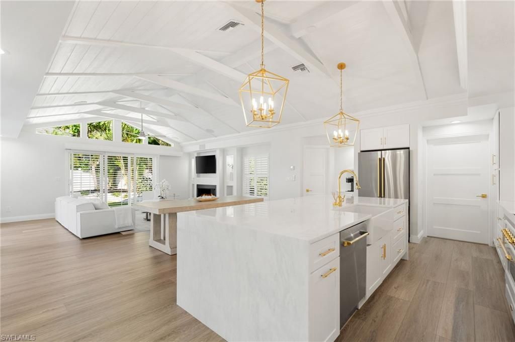 Interior, Kitchen, Pendant Lights, Stainless Steel Appliances, Wood Texture Flooring
