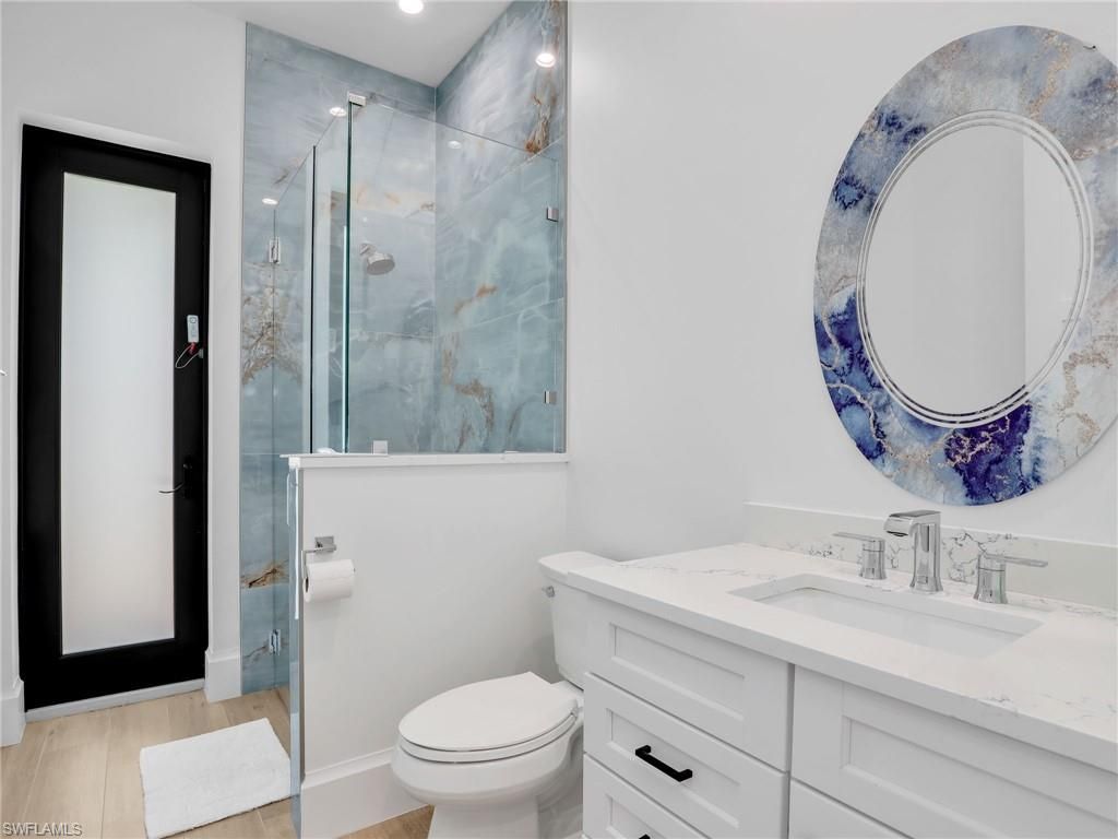Bathroom, Glass Shower, Interior, Recessed Lighting, Wood Texture Flooring