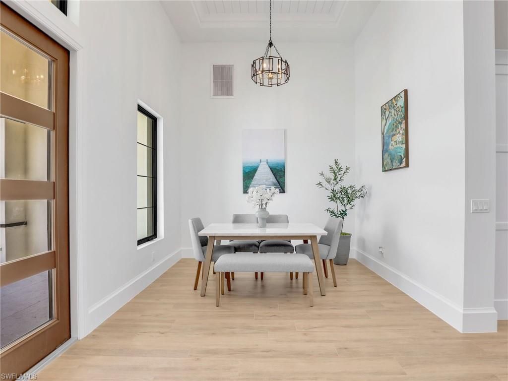Dining room, Interior, Pendant Lights, Wood Texture Flooring