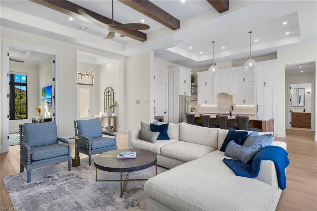Interior, Kitchen, Living room, Pendant Lights, Recessed Lighting, Stainless Steel Appliances, Wooden Beams, Wood Texture Flooring