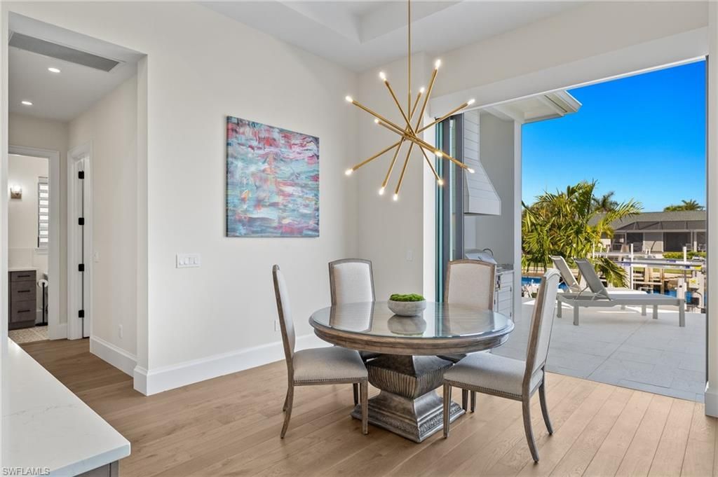 Dining room, Interior, Pendant Lights, Recessed Lighting, Wood Texture Flooring