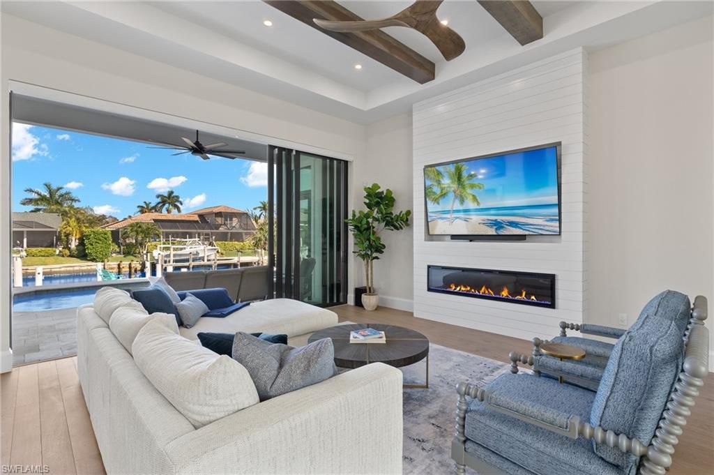 Fireplace, Interior, Living room, Recessed Lighting, Wooden Beams, Wood Texture Flooring