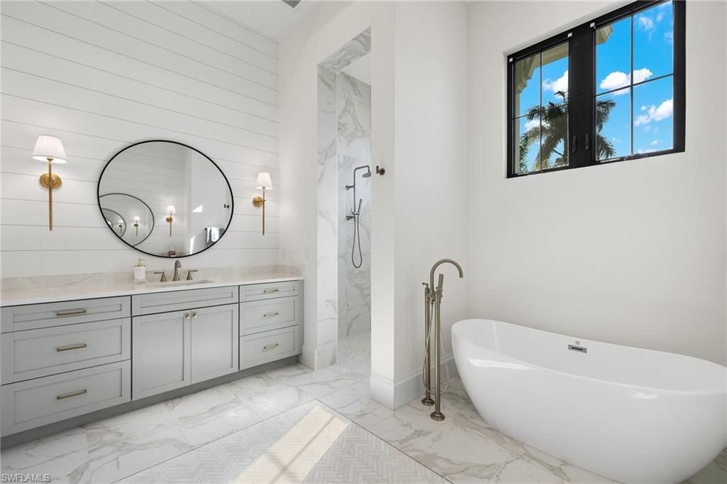 Bathroom, Dual Sink Vanities, Free Standing Baths, Interior, Marble, Marble Walls