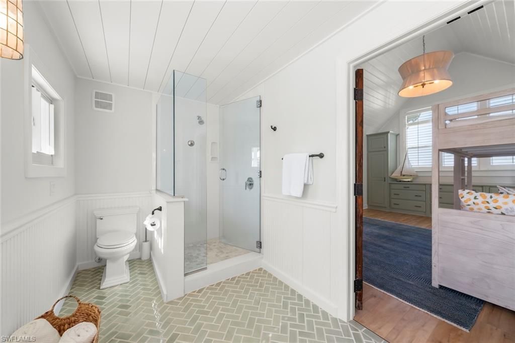 Bathroom, Glass Shower, Interior, Pendant Lights, Wood Texture Flooring
