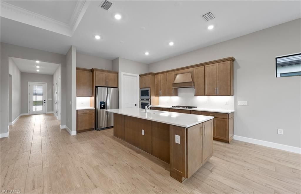 Interior, Kitchen, Recessed Lighting, Stainless Steel Appliances, Wood Texture Flooring