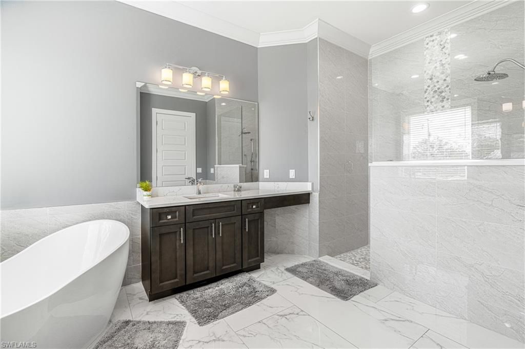Bathroom, Free Standing Baths, Glass Shower, Interior, Marble, Recessed Lighting
