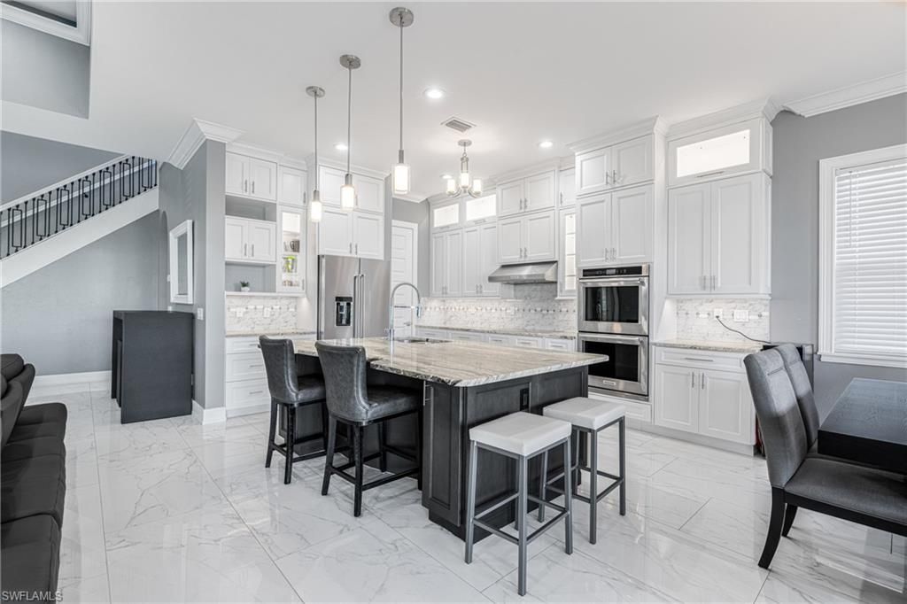 Interior, Kitchen, Marble, Pendant Lights, Recessed Lighting, Stainless Steel Appliances