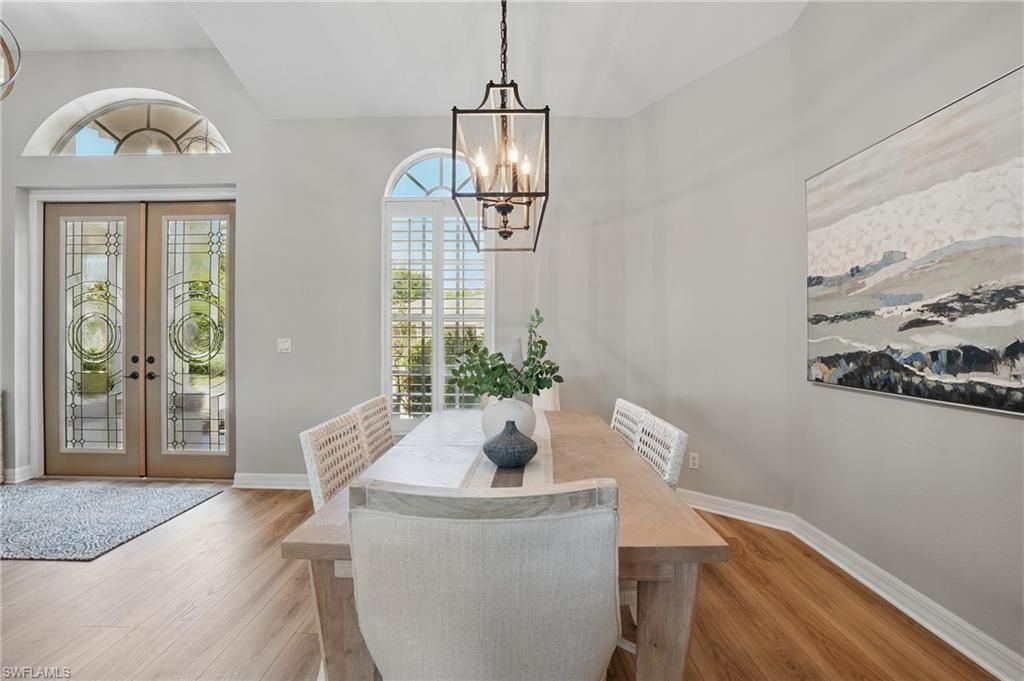 Dining room, Interior, Pendant Lights, Wood Texture Flooring