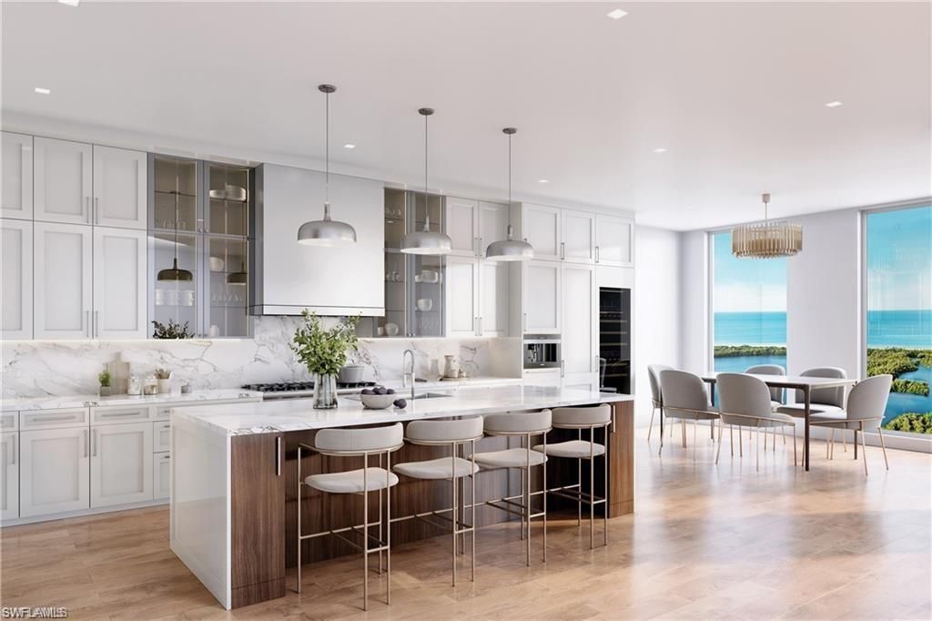 Dining room, Interior, Kitchen, Pendant Lights, Recessed Lighting, Water, Wood Texture Flooring